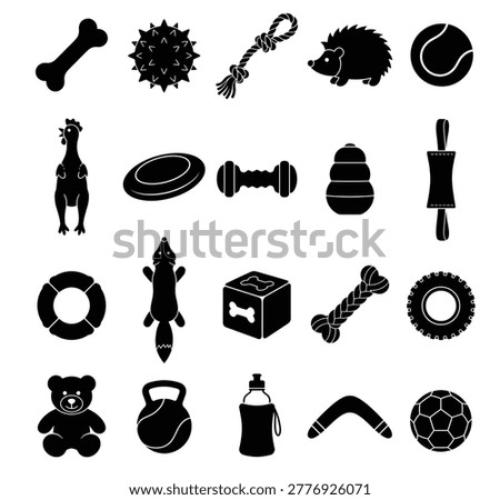 black and white vector silhouette set of dog toys things