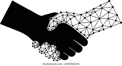 Una silueta de Vector en blanco y negro que muestra una mano humana y digital temblando, simbolizando la colaboración, la innovación y la confianza. Perfecto para la IA, los negocios y las imágenes de colaboración de tecnología.
