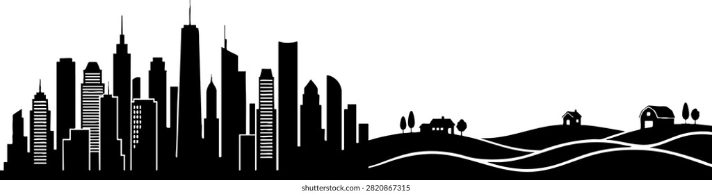 A black and white vector silhouette showing the transition from a modern urban city with skyscrapers to a rural countryside with hills and a barn. This graphic is ideal for themes of urbanization, development, and environmental contrast.