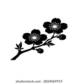 Black and white vector silhouette of a springtime cherry blossom branch featuring blooming flowers and unopened buds.