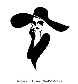 Black and white vector silhouette of a stylish woman wearing a large black hat and sunglasses Her hand is near her face creating a sophisticated mood