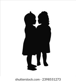 Black and white vector silhouette. Two little girls are standing next to each other. An isolated object. Template design, icon, clipart, logo.