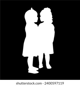 Black and white vector silhouette. Two little girls are standing next to each other. An isolated object. Template design, icon, clipart, logo.
