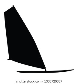 A black and white vector silhouette of a windsurfer