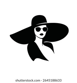 Black and white vector silhouette of a woman wearing a wide brim hat and sunglasses. Simple graphic style. Minimalist design.