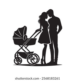 Black and white vector silhouette of a young happy family with a baby in a stroller, standing together with love and care.  Isolated young man and woman silhouettes illustration on white background.