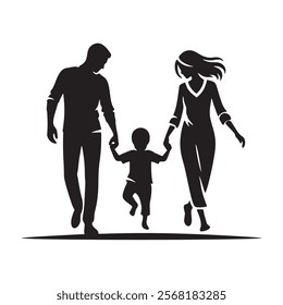 Black and white vector silhouette of a young happy family walking together with a child holding hands with both parents. Isolated young man and woman silhouettes illustration on white background.