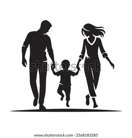 Black and white vector silhouette of a young happy family walking together with a child holding hands with both parents. Isolated young man and woman silhouettes illustration on white background.