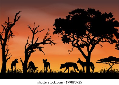 Black and white vector silhouettes of beautiful African scenery with a pack of Wild Dogs