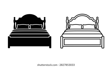 Black and white vector silhouettes of a bed frame with a headboard and mattress presented in line art.