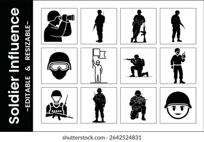 Schwarz-Weiß-Vektorsilhouetten, die Soldaten in verschiedenen Posen und Ausrüstungen darstellen