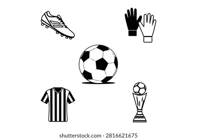 Black and white vector silhouettes depicting soccer equipment including cleats, gloves, a ball, jersey, and trophy.