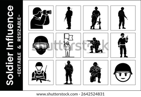 Black And White Vector Silhouettes Depicting Soldiers In Various Poses And Equipment Usage