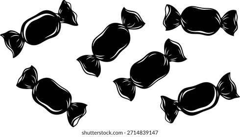 Las siluetas de Vector en blanco y negro de caramelos duros envueltos individualmente se dispersan por el fondo blanco creando un patrón gráfico simple pero llamativo perfecto para el empaque o la celebración d