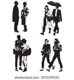 Black and white vector silhouettes of people in casual clothing on a light background. The composition features four pairs: a man and a woman in conversation, a couple walking with an umbrella, a youn