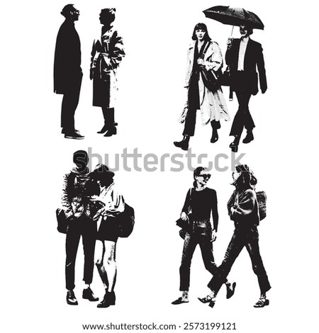 Black and white vector silhouettes of people in casual clothing on a light background. The composition features four pairs: a man and a woman in conversation, a couple walking with an umbrella, a youn