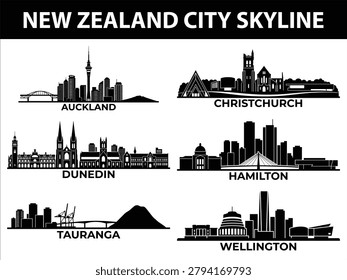 Black and white vector silhouettes of six New Zealand city skylines including Auckland, Christchurch, Dunedin, Hamilton, Tauranga, and Wellington.