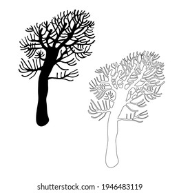 Siluetas vectoriales en blanco y negro de árboles estilizados sin hojas en forma de doodle. aislado de fondo blanco. Diseño para crear textiles, papel pintado, panel de pared, paquete orgánico, decoraciones.
