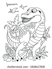 Ilustración simple de vector blanco y negro para niños coloreando libro. Tirannosauro de dinosaurio en la selva