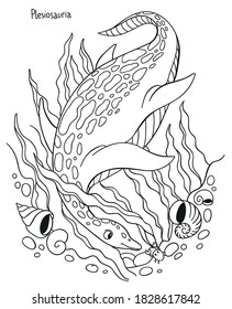 Black And White Vector Simple Illustration For Kids Coloring Book. Dinosaur Plesiosauria Swims In The Sea