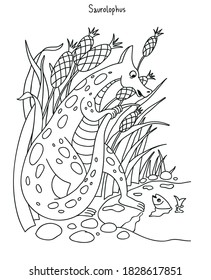 Black and white vector simple illustration for kids coloring book. Dinosaur Saurolophus prepares to swim.