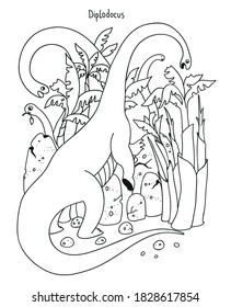 Black and white vector simple illustration for kids coloring book. Dinosaur Diplodocus eats plants.