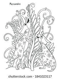 Ilustración simple de vector blanco y negro para niños coloreando libro. Dinosaurio Microceratus come plantas.