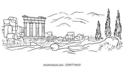 black and white vector sketch of ancient ruins with columns, set against a mountain backdrop and surrounded by trees and rocks