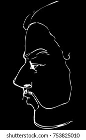 black and white vector sketch angry uncle with beard in profile