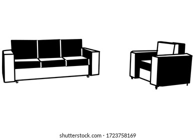 black and white vector sketch of armchair and sofa on wheels