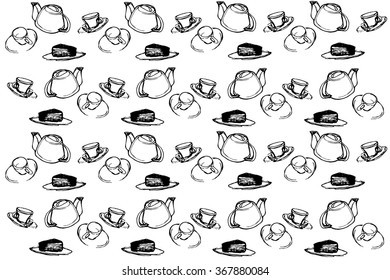black and white vector sketch background cup cakes and tea