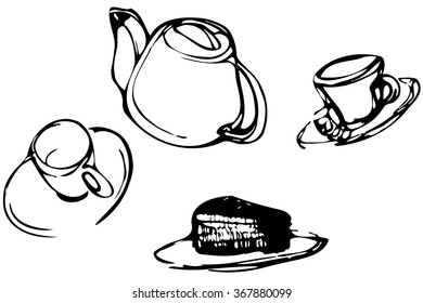 black and white vector sketch background cup cakes and tea