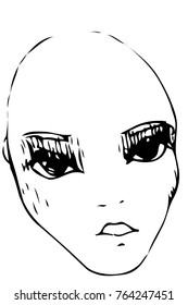 black and white vector sketch bald girl with big eyes