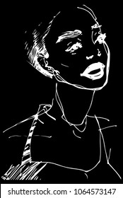 black and white vector sketch of a beautiful girl with open mouth