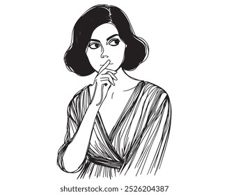 Black and white vector sketch beautiful girl