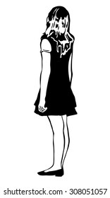 black and white vector sketch of a beautiful girl from behind