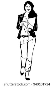 black and white vector sketch of a beautiful girl in trousers and jacket