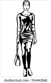 black and white vector sketch of a beautiful girl with a handbag