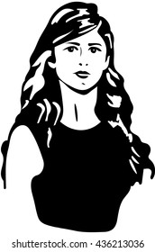 black and white vector sketch of a beautiful girl with brunette hair
