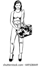 black and white vector sketch of a beautiful young brunette woman with a bag in her hand
