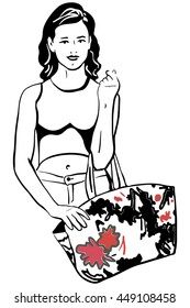 black and white vector sketch of a beautiful young brunette woman with a bag in her hand