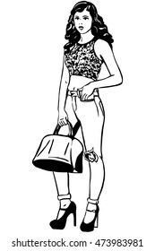 black and white vector sketch of a beautiful young brunette woman with a bag in his hand