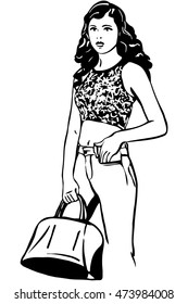 black and white vector sketch of a beautiful young brunette woman with a bag in his hand