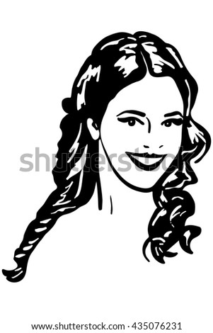 black and white vector sketch of beautiful brunette girl smiling