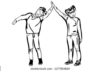black and white vector sketch boy and girl hold hands