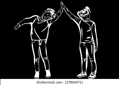 black and white vector sketch boy and girl hold hands