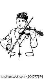 black and white vector sketch boy is practicing the violin