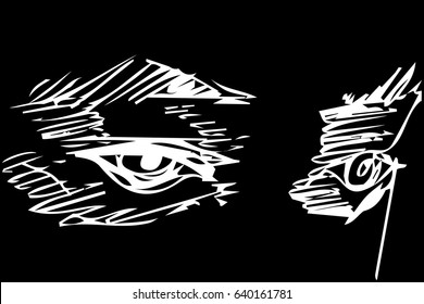 Black and white vector sketch of a careful man's eye