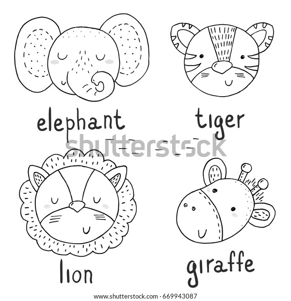 Black White Vector Sketch Cute Animals Stock Vector (Royalty Free