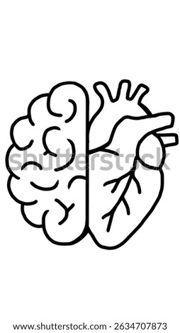 black and white vector or sketch depicting half the heart and brain, or half thoughts and feelings